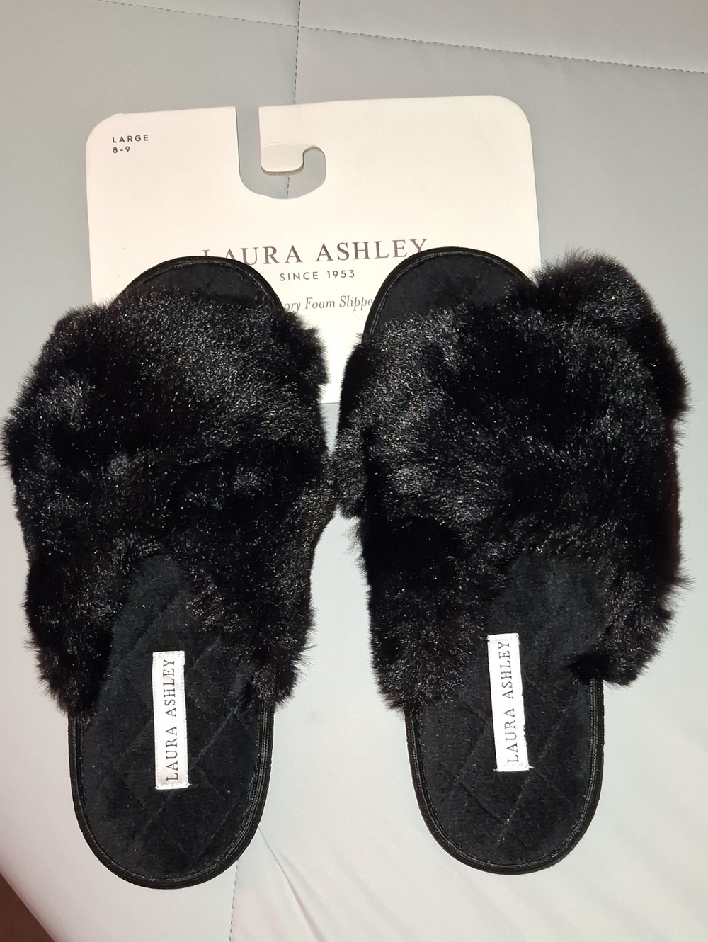 Laura Ashley Black Faux Fur Slide Slippers